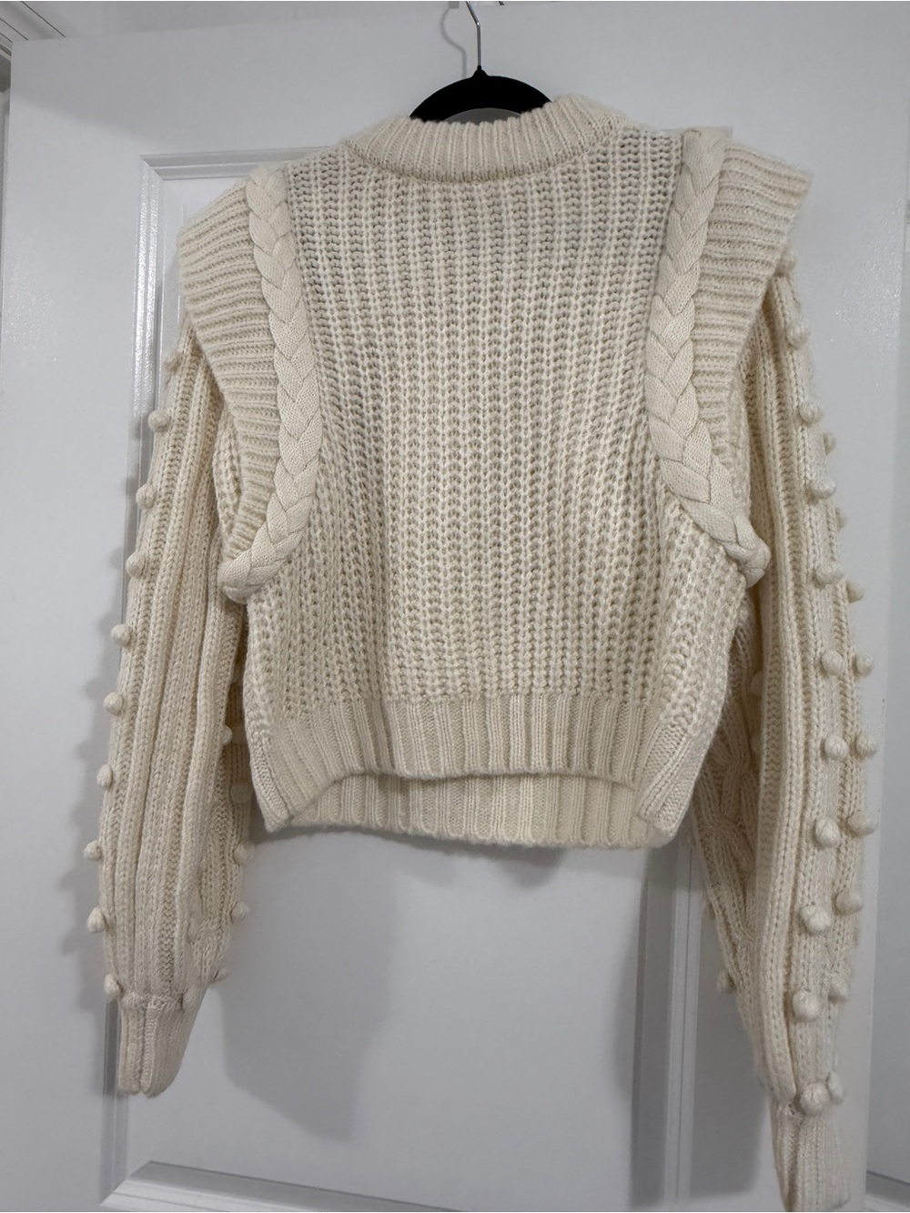 FARM Rio Cream Pom-Pom Cable Knit Crewneck Sweater